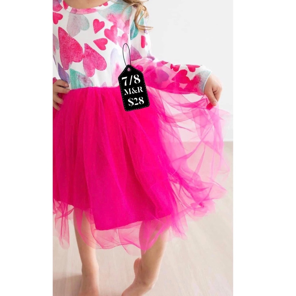 Girls Heart Print Dress with Pink Tulle Skirt